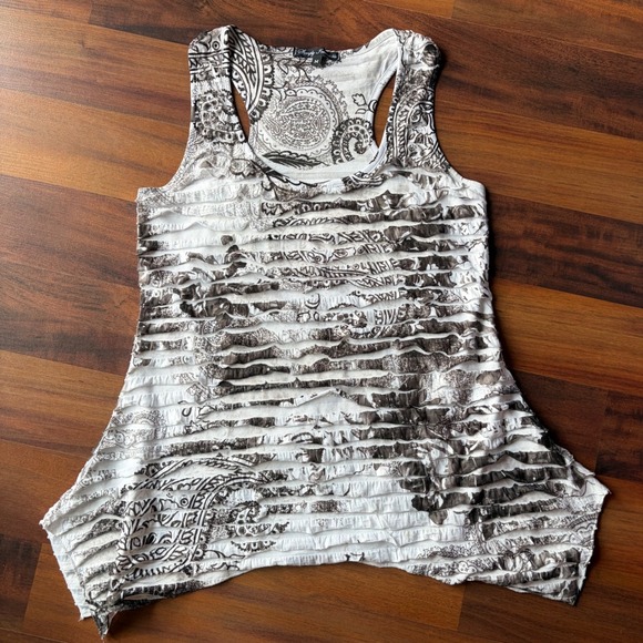 Y2K Boho MySpace Scene Paisley Ruffle Sharkbite Tank Top Black White Racerback M